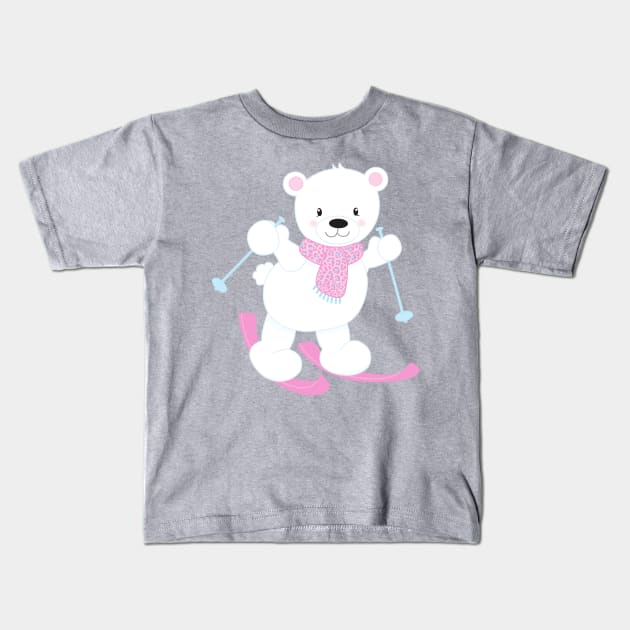 Polar Bear, White Bear, Cute Bear, Skiing Bear Kids T-Shirt by Jelena Dunčević